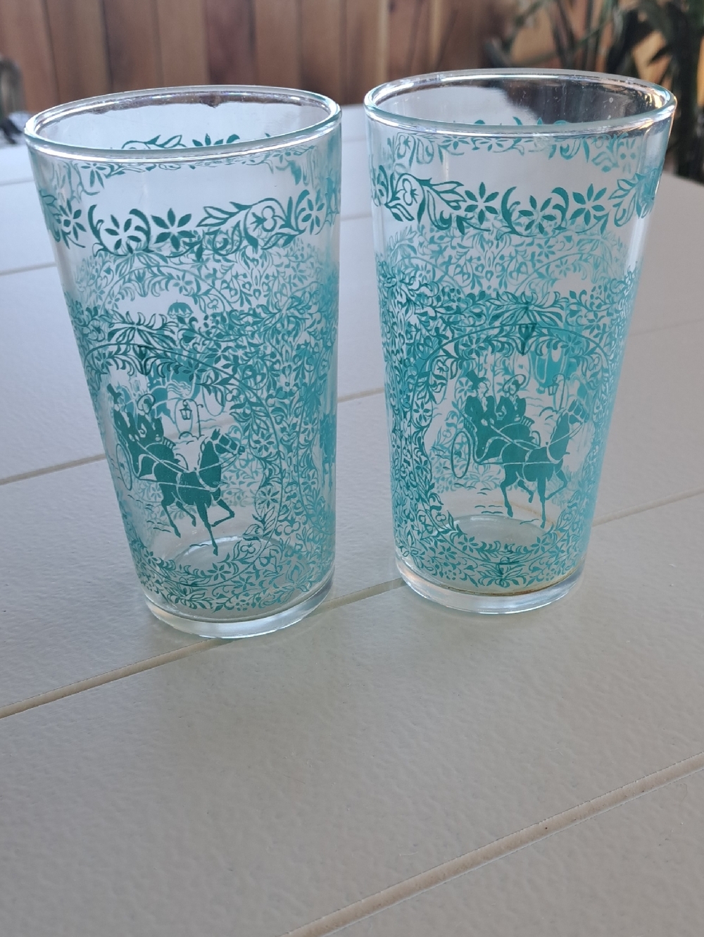 Hazel Atlas Monticello Turquoise Horse & Buggy Tumblers Set of 2 Vintage Glasses